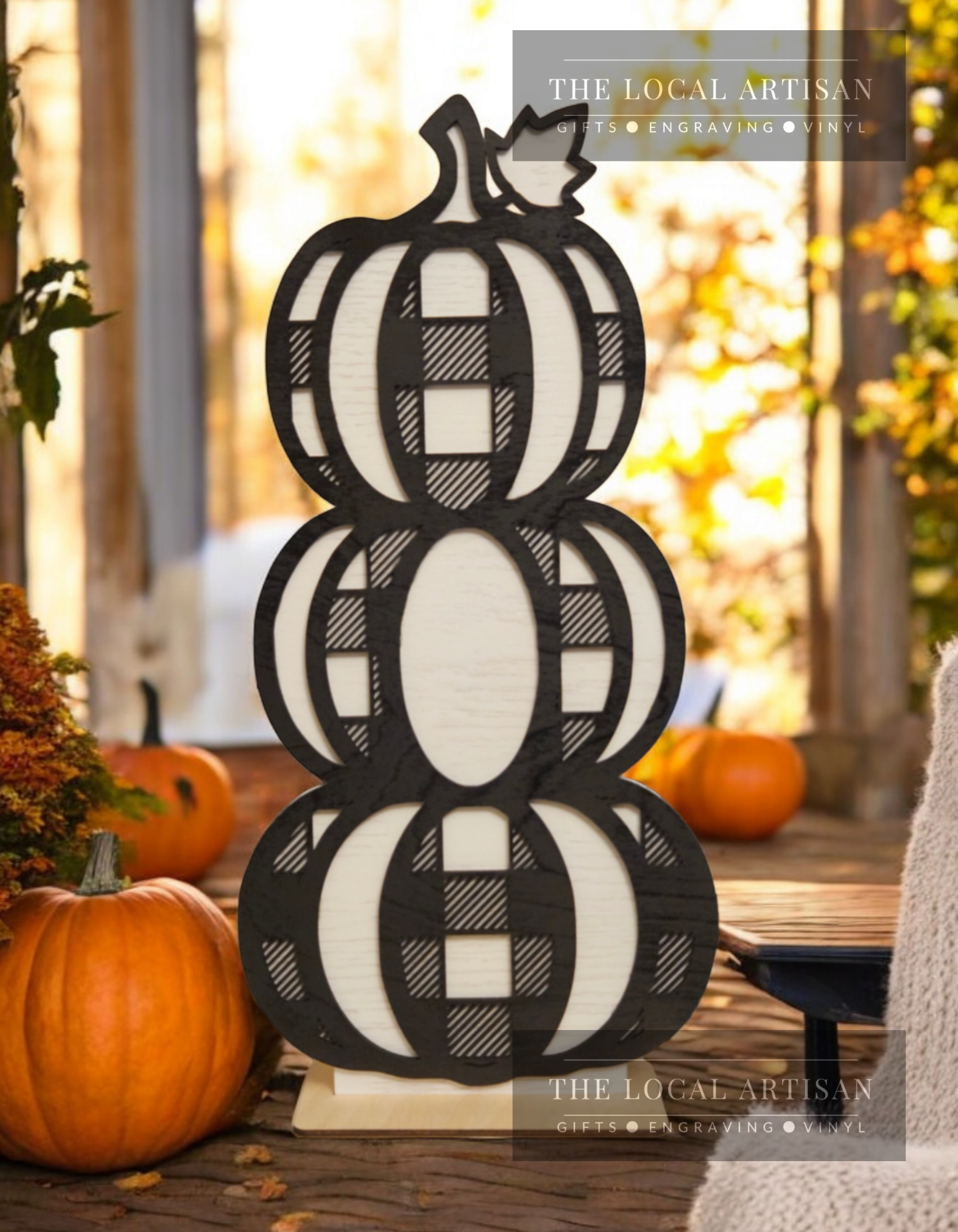 Stacked 3 Tiered Wood Pumpkin with Plaid Detail